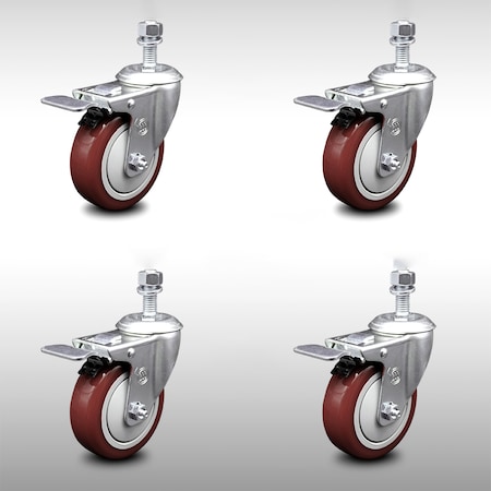 Service Caster 4 Inch SS Maroon Polyurethane 1/2 Inch Threaded Stem Caster Set Total Lock Brake SCC-SSTSTTL20S414-PPUB-MRN-121315-4